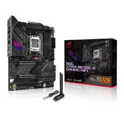 ASUS ROG STRIX B650E-E ATX motherboard with AM5, DDR5, WiFi 6E, and four M.2 slots, featuring a black and silver design. ASUS ROG STRIX B650E-E ATX motherboard with AM5, DDR5, WiFi 6E, and four M.2 slots, featuring a black and silver design.